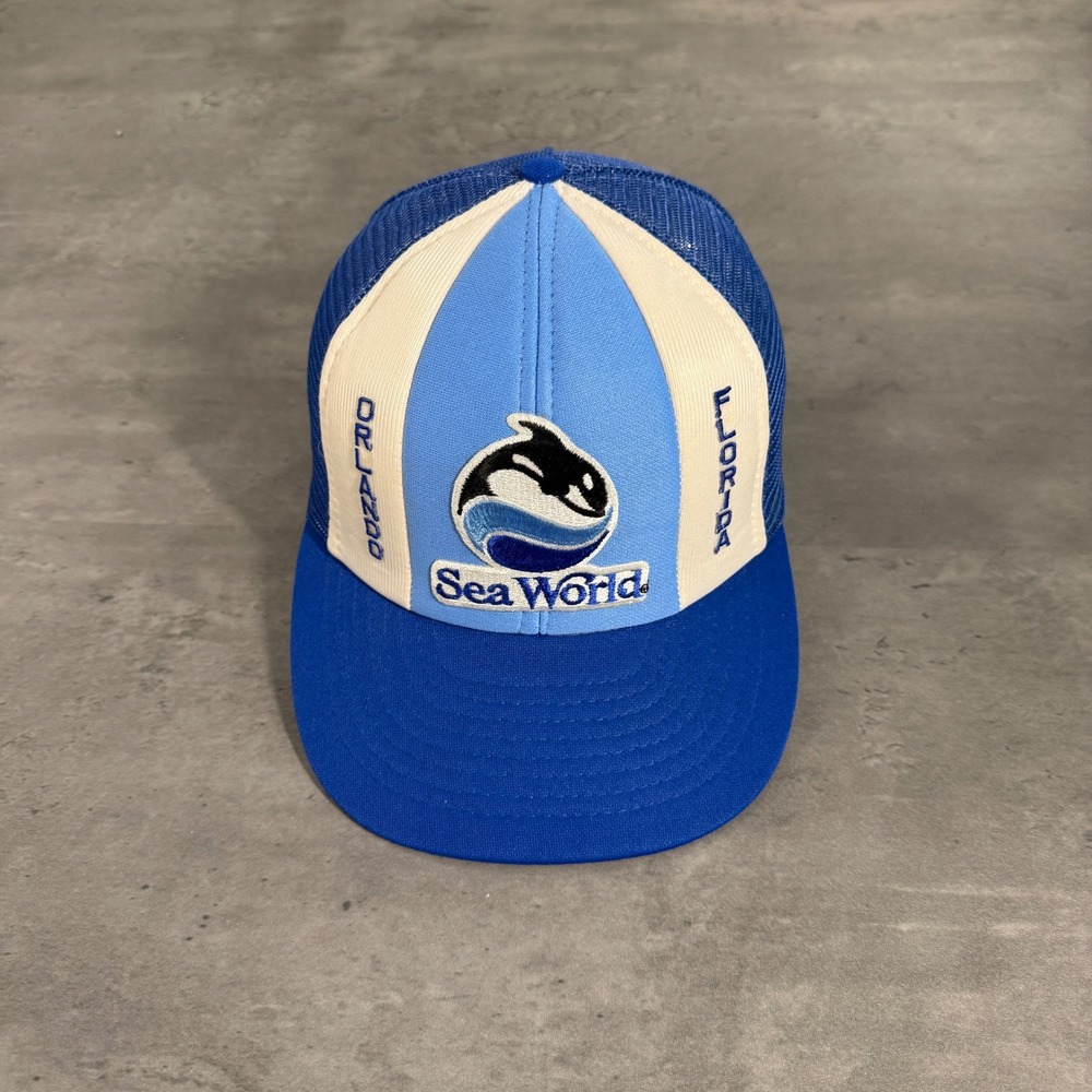 Vintage Sea World SnapbackTrucker Hat Mens Blue White Orlando Florida‎ Shamu Cap